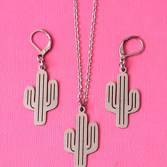 CACTUS Stainless Steel Charm Chain 18" Necklace Earrings Set Western Cowgirl - Picture 4 of 11